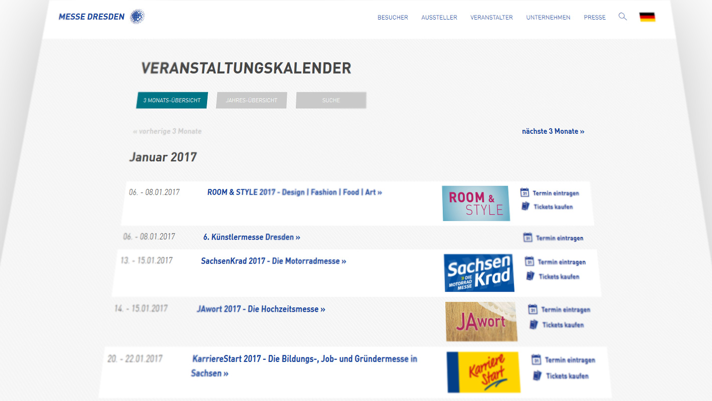 Website Messe Dresden Veranstaltungskalender